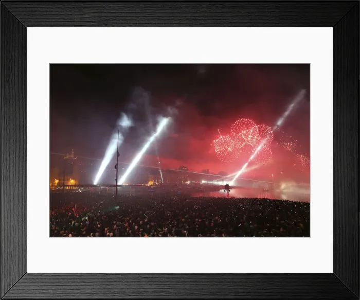 Framed Print : Fireworks light up the sky near the Old Port as part of the end of the traditional Framed Print : Fireworks light up the sky near the Old Port as part of the end of the traditional