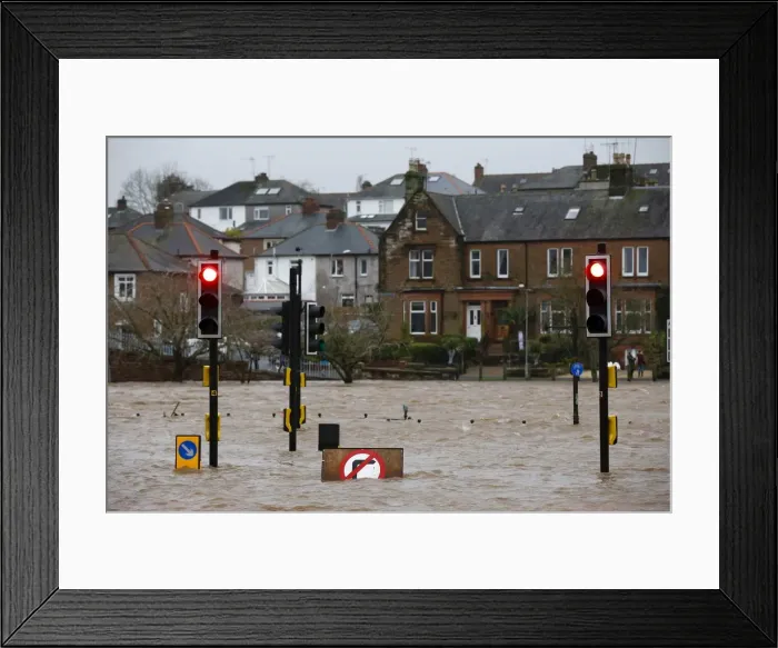 Framed Print : A flooded street is pictured in Dumfries, Scotland Framed Print : A flooded street is pictured in Dumfries, Scotland