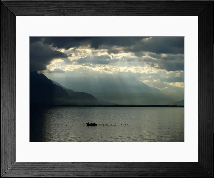 Framed Print : Fishermen on a boat recover nets on Lake Leman on an autumn morning in Chardonne Framed Print : Fishermen on a boat recover nets on Lake Leman on an autumn morning in Chardonne