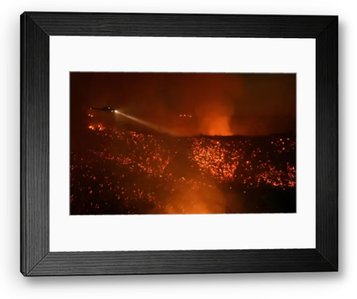 Framed Print : A helicopter flies above glowing embers as it makes a water drop run at the Old Fire Framed Print : A helicopter flies above glowing embers as it makes a water drop run at the Old Fire
