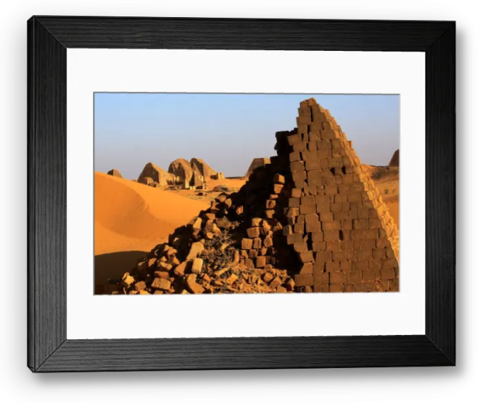 Framed Print : Creeping desert sands surround the Royal Cemeteries of Meroe Pyramids in Begrawiya Framed Print : Creeping desert sands surround the Royal Cemeteries of Meroe Pyramids in Begrawiya