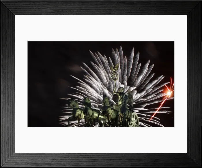 Framed Print : Fireworks illuminate Quadriga sculpture atop Brandenburg Gate in Berlin Framed Print : Fireworks illuminate Quadriga sculpture atop Brandenburg Gate in Berlin