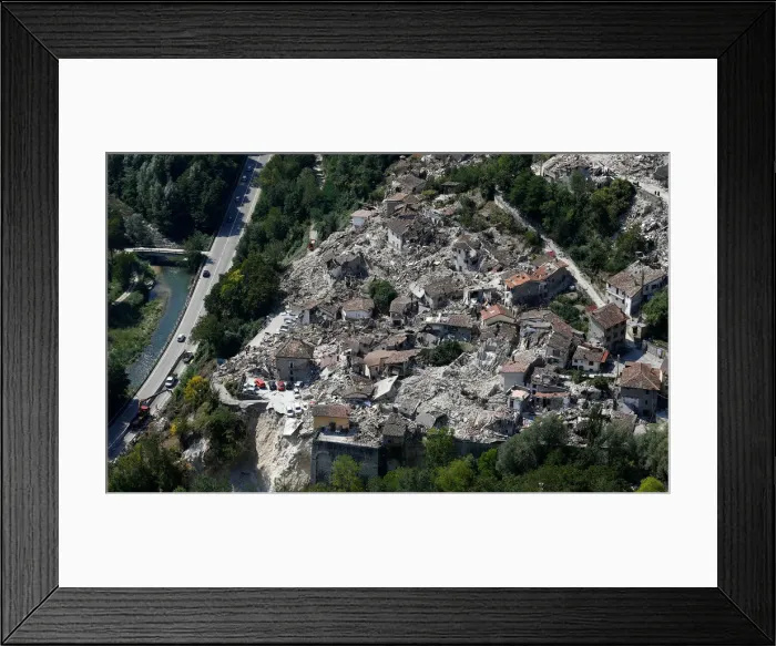 Framed Print : A general view after earthquake that levelled the town in Pescara del Tronto Framed Print : A general view after earthquake that levelled the town in Pescara del Tronto