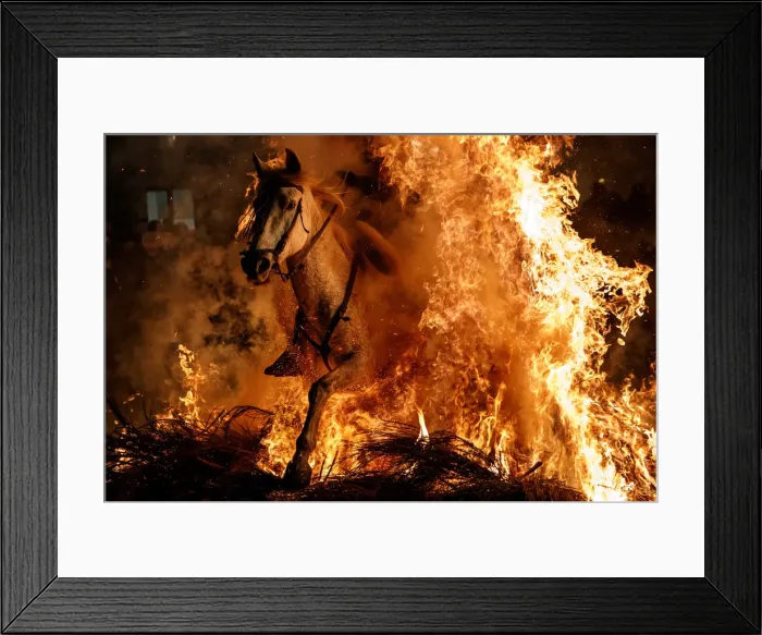 Framed Print : A man rides a horse through flames during the annual Luminarias celebration on the eve Framed Print : A man rides a horse through flames during the annual Luminarias celebration on the eve