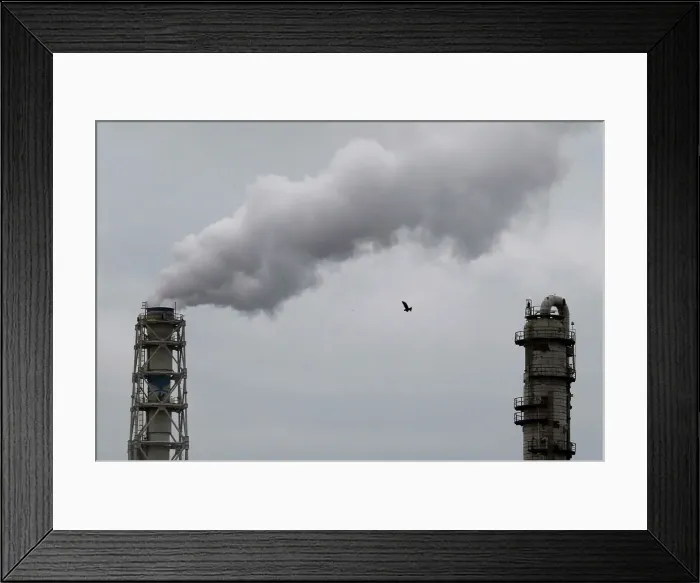 Framed Print : A bird flies near smoke being emitted from cement factory in an industrial area of Framed Print : A bird flies near smoke being emitted from cement factory in an industrial area of