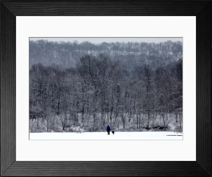 Framed Print : A man and dog walk in the falling snow in Rockland Lake State Park near the Hudson River Framed Print : A man and dog walk in the falling snow in Rockland Lake State Park near the Hudson River