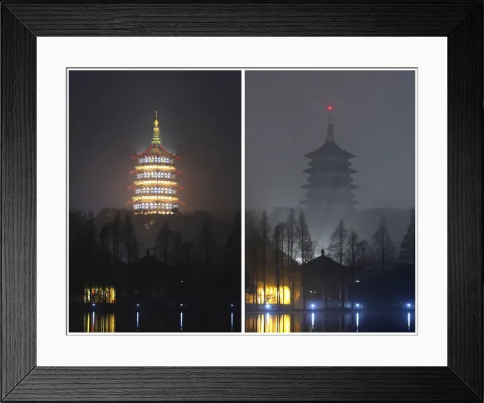 Framed Print : Leifeng Pagoda is seen behind the West Lake before and during the Earth Hour in Hangzhou Framed Print : Leifeng Pagoda is seen behind the West Lake before and during the Earth Hour in Hangzhou