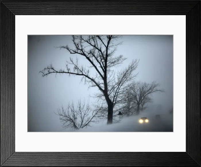 Framed Print : Vehicles drive through blizzards near Lehliu railway station Framed Print : Vehicles drive through blizzards near Lehliu railway station