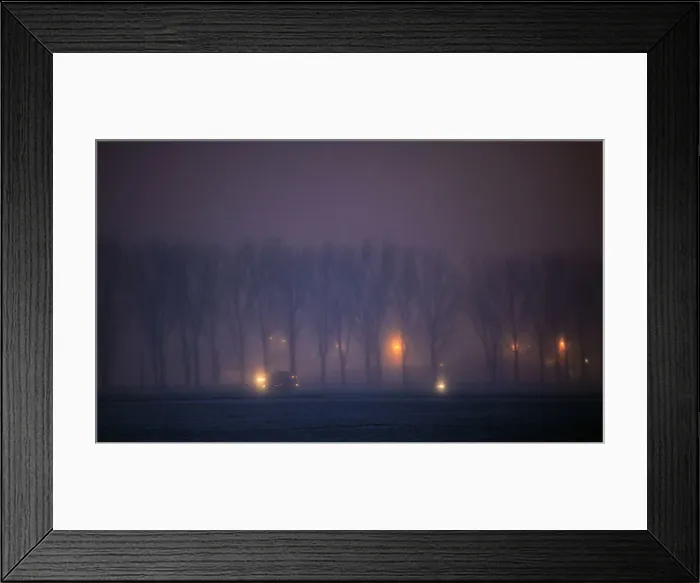 Framed Print : Vehicles drive through fog on a frosty road near Dragos Voda village Framed Print : Vehicles drive through fog on a frosty road near Dragos Voda village