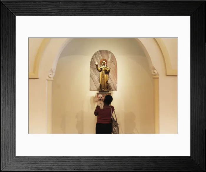 Framed Print : A woman prays as she holds her dog, after getting it blessed by a priest Framed Print : A woman prays as she holds her dog, after getting it blessed by a priest