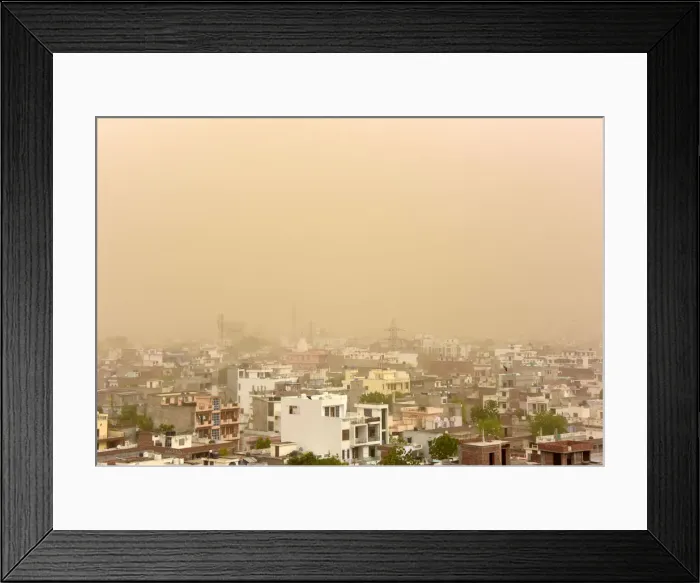 Framed Print : An aerial view of the dust covered sky in Jaipur in the western state of Rajasthan Framed Print : An aerial view of the dust covered sky in Jaipur in the western state of Rajasthan
