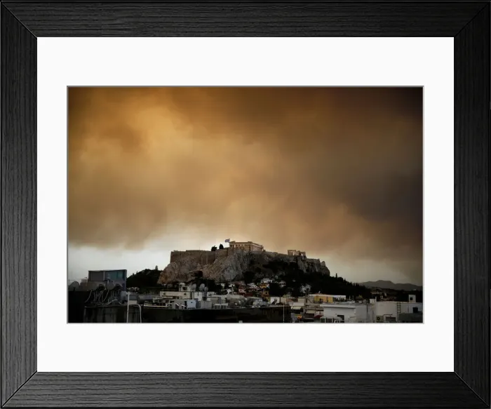Framed Print : Smoke from a wildfire burning outside Athens is seen over the Parthenon temple atop Framed Print : Smoke from a wildfire burning outside Athens is seen over the Parthenon temple atop