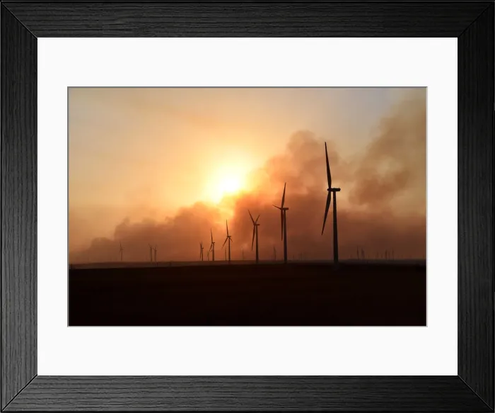 Framed Print : The sun sets through smoke from the Rhea fire on a wind farm near Seiling Framed Print : The sun sets through smoke from the Rhea fire on a wind farm near Seiling