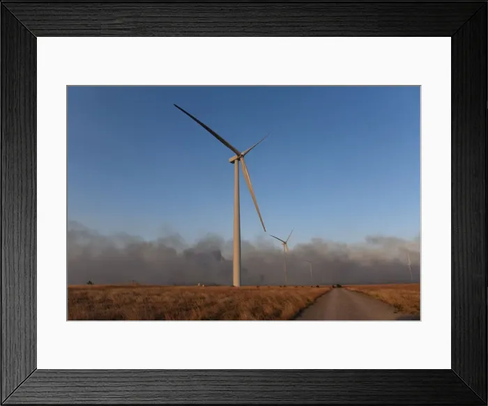 Framed Print : Smoke from the Rhea fire passes through a wind farm near Seiling Framed Print : Smoke from the Rhea fire passes through a wind farm near Seiling