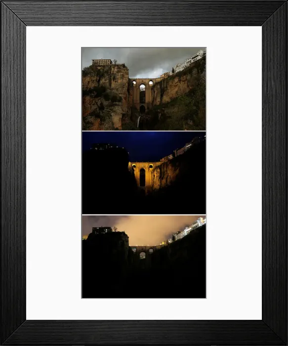 Framed Print : A combination photo shows the Puente Nuevo (New Bridge) in the daytime