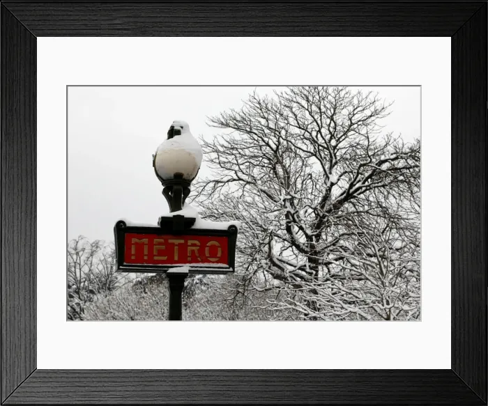 Framed Print : Snow covers a Metro sign and tree branches as winter conditions with snow Framed Print : Snow covers a Metro sign and tree branches as winter conditions with snow