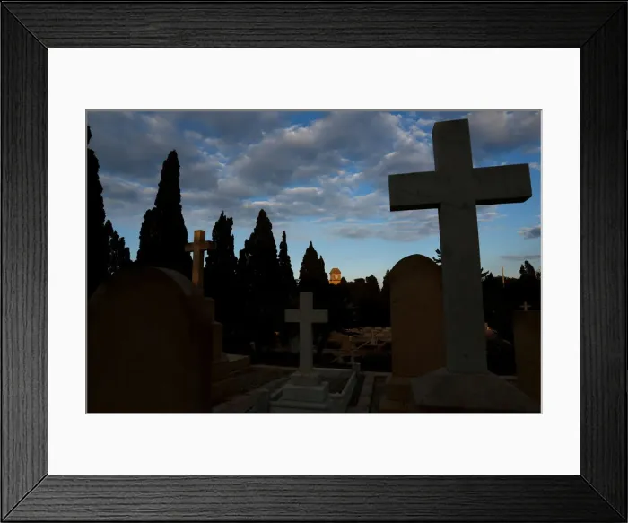 Framed Print : The Saint Patricks Barracks clock tower is seen from the Pembroke Military Cemetery in Framed Print : The Saint Patricks Barracks clock tower is seen from the Pembroke Military Cemetery in