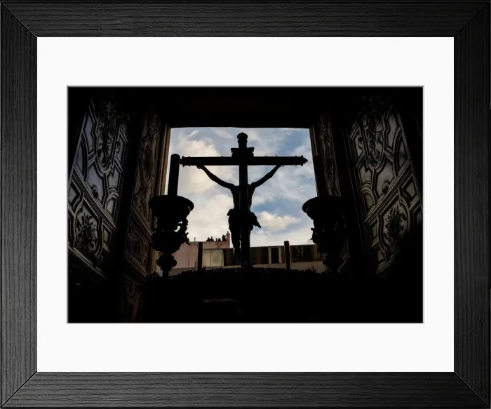 Framed Print : Los Estudiantes brotherhood wait for the start of the procession during Holy Week in Framed Print : Los Estudiantes brotherhood wait for the start of the procession during Holy Week in