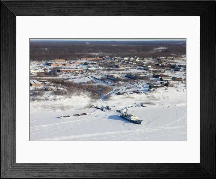 Framed Print : An aerial view of Russias northern town of Igarka on the bank of the Yenisei River Framed Print : An aerial view of Russias northern town of Igarka on the bank of the Yenisei River