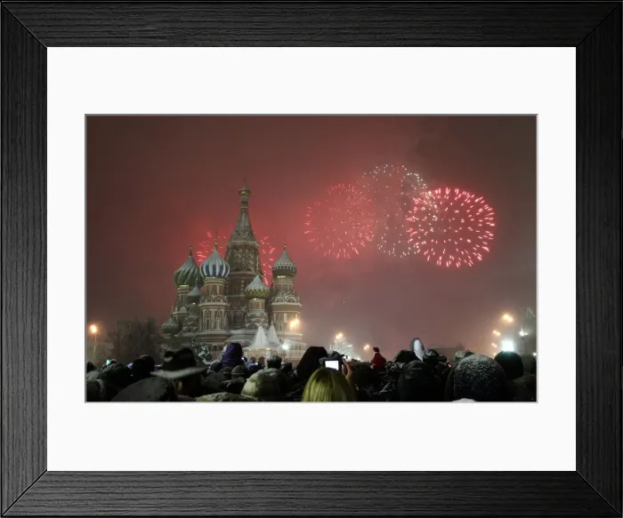 Framed Print : Fireworks explode over St. Basil Cathedral at Red Square during New Years Day