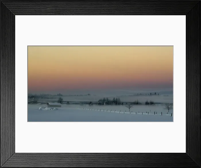 Framed Print : Ground fog lies on a field during the first sunrise of 2015 on a field near Warngau