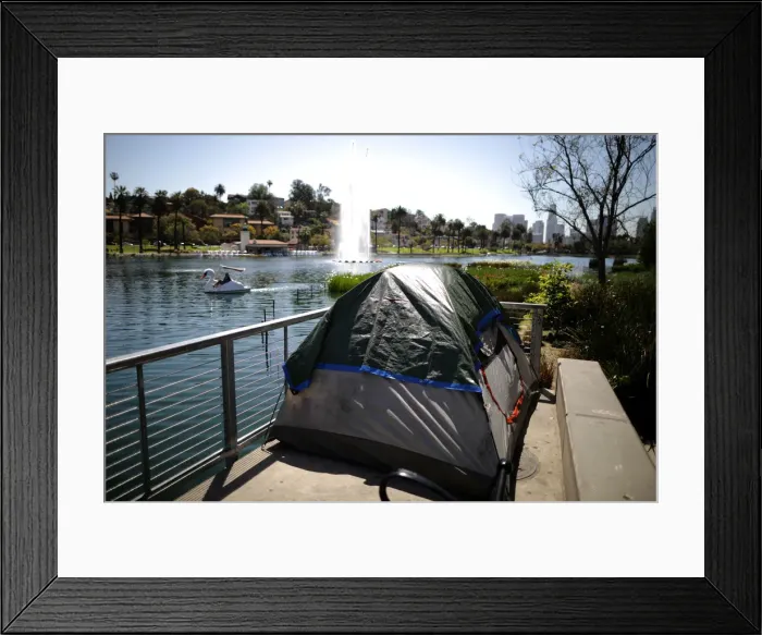 Framed Print : A tent is seen next to Echo Park Lake in Los Angeles Framed Print : A tent is seen next to Echo Park Lake in Los Angeles