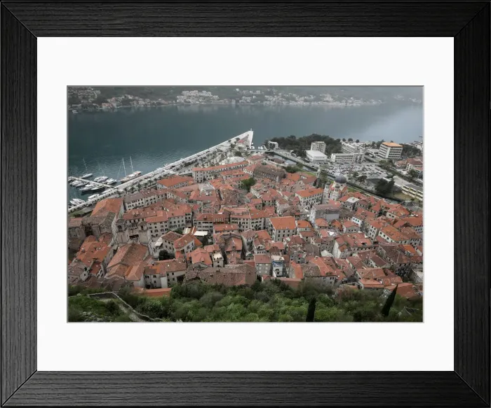 Framed Print : The bay and the old town of Kotor is seen from a hill in Montenegro Framed Print : The bay and the old town of Kotor is seen from a hill in Montenegro