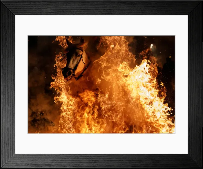 Framed Print : A man rides a horse through flames during the annual Luminarias celebration on the eve Framed Print : A man rides a horse through flames during the annual Luminarias celebration on the eve