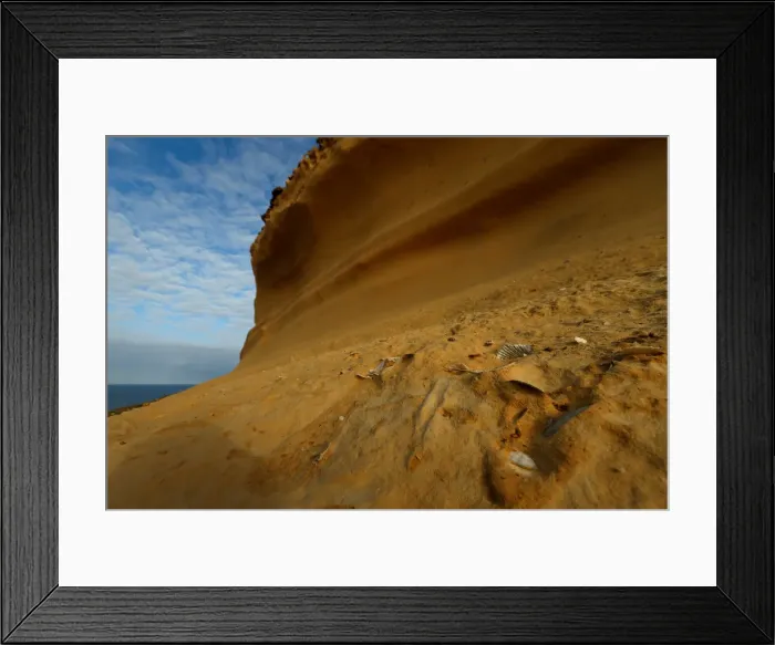 Framed Print : Fossils of sea shells are seen in the weathered and eroded limestone cliffs outside Gharb