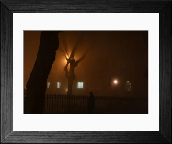 Framed Print : A person walks along a path during heavy fog in Dublin Framed Print : A person walks along a path during heavy fog in Dublin