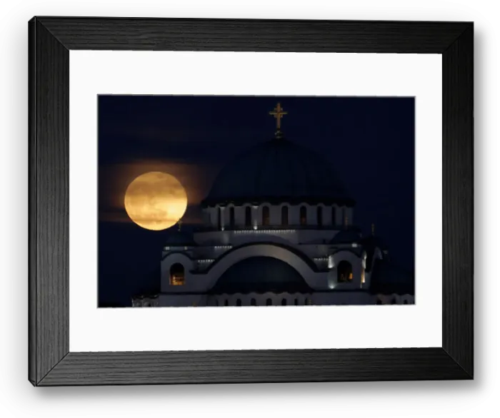 Framed Print : A full moon rises behind St. Sava temple in Belgrade Framed Print : A full moon rises behind St. Sava temple in Belgrade