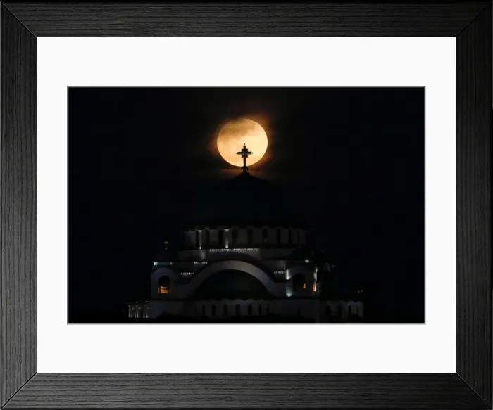 Framed Print : A full moon rises behind St. Sava temple in Belgrade Framed Print : A full moon rises behind St. Sava temple in Belgrade