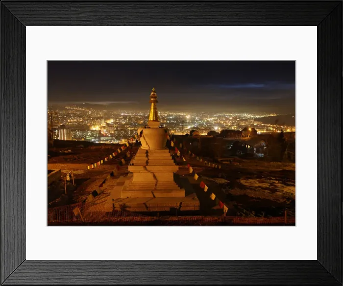 Framed Print : A view shows the Stupa of Enlightenment at the Buddhist Centre after the lights were Framed Print : A view shows the Stupa of Enlightenment at the Buddhist Centre after the lights were