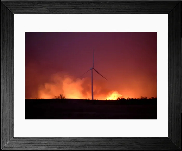 Framed Print : The Rhea fire rages behind a wind farm near Seiling Framed Print : The Rhea fire rages behind a wind farm near Seiling
