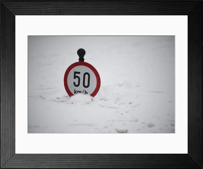 Framed Print : A road sign is seen submerged in snow in Dublin Framed Print : A road sign is seen submerged in snow in Dublin