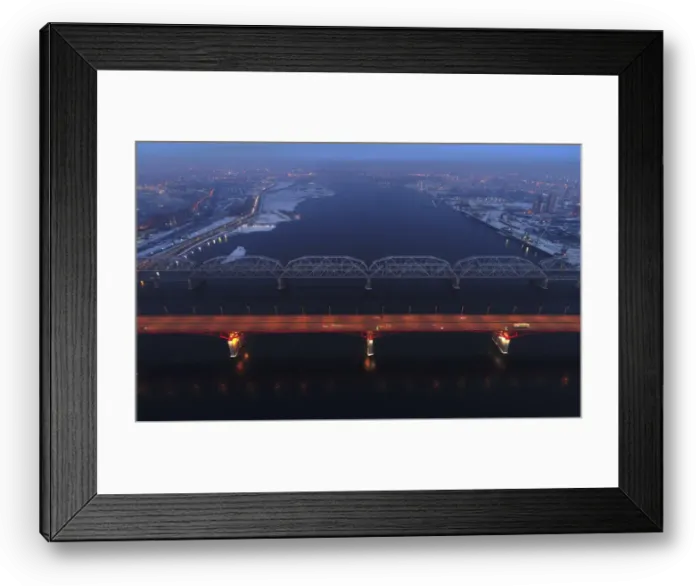Framed Print : An aerial view shows the illuminated Nikolaevsky highway bridge