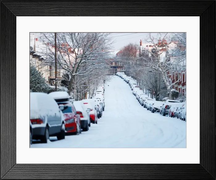 Framed Print : A cat crosses a street blanketed in snow in south London