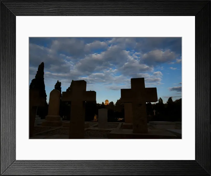 Framed Print : The Saint Patricks Barracks clock tower is seen from the Pembroke Military Cemetery in Framed Print : The Saint Patricks Barracks clock tower is seen from the Pembroke Military Cemetery in