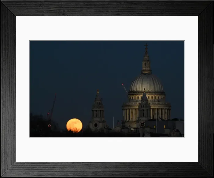 Framed Print : A full moon rises behind St Pauls Cathedral London Framed Print : A full moon rises behind St Pauls Cathedral London