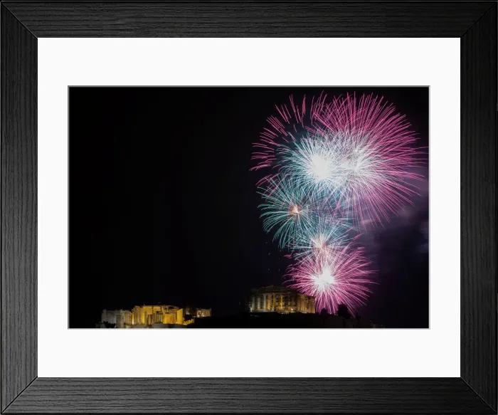 Framed Print : Fireworks explode over the ancient Parthenon temple atop Acropolis hill during New Year s Framed Print : Fireworks explode over the ancient Parthenon temple atop Acropolis hill during New Year s