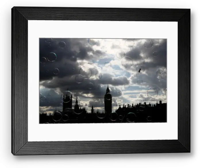 Framed Print : Soap bubbles float past the Houses of Parliament in central London Framed Print : Soap bubbles float past the Houses of Parliament in central London