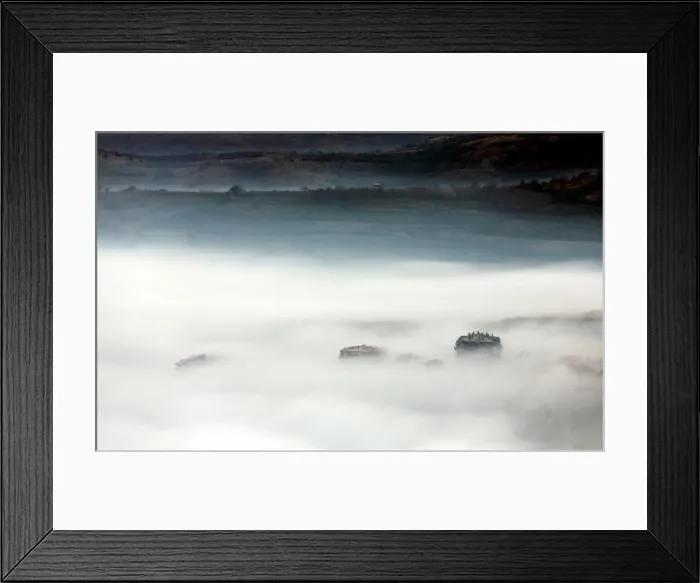 Framed Print : Buildings are seen as fog blankets the city of Skopje Framed Print : Buildings are seen as fog blankets the city of Skopje