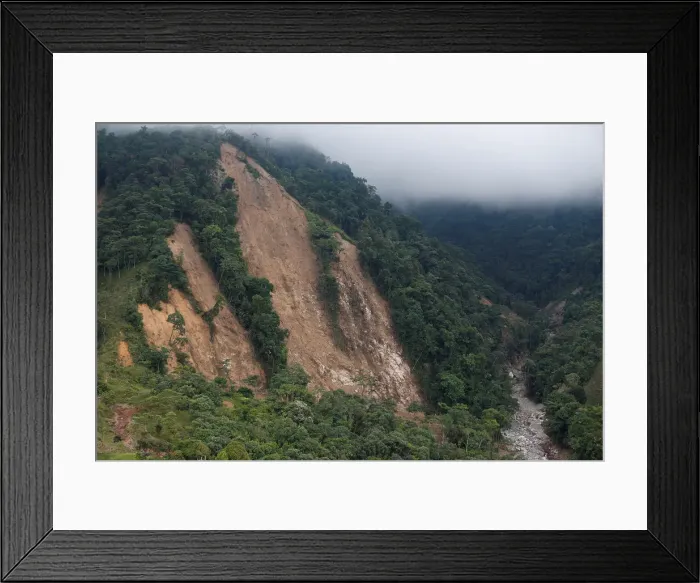 Framed Print : Aerial view of the mountain where the landslide originated after flooding Framed Print : Aerial view of the mountain where the landslide originated after flooding