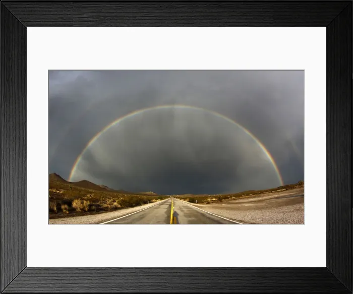 Framed Print : A double rainbow appears after a heavy monsoon storms over Nipton Road in Searchlight