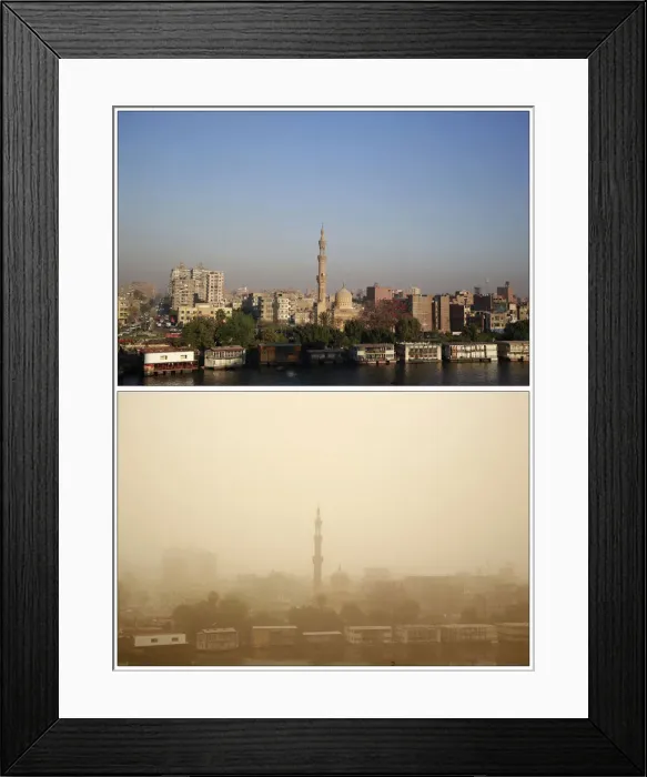 Framed Print : Combo photo of mosque in sunshine and during a sandstorm, in Cairo