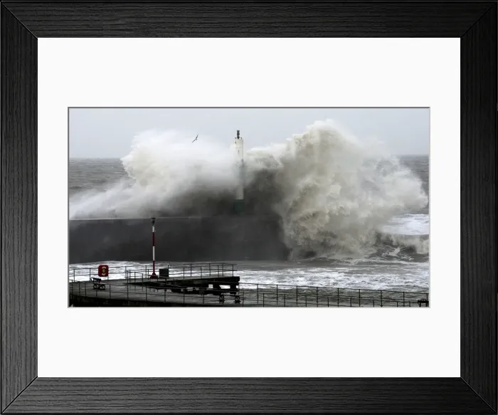 Framed Print : Large waves crash over the jetty at Aberystwyth in mid Wales Framed Print : Large waves crash over the jetty at Aberystwyth in mid Wales