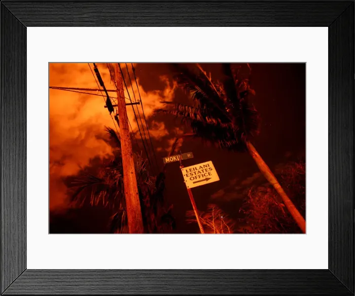 Framed Print : Lava illuminates a sign in Leilani Estates Framed Print : Lava illuminates a sign in Leilani Estates