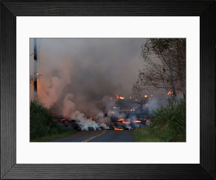 Framed Print : A lava flow advances down Leilani Street close to Nohea Street