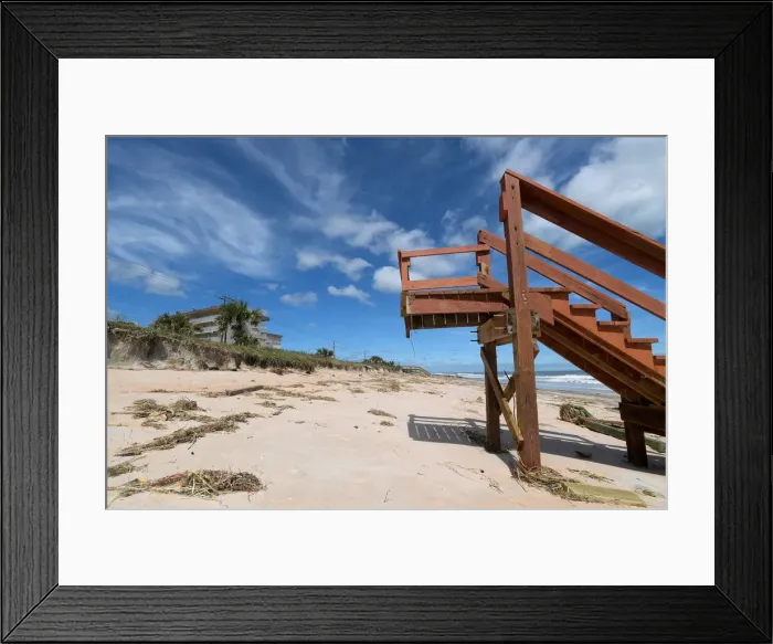 Framed Print : A stairway, where the connecting portion to the street was washed away by storm surge Framed Print : A stairway, where the connecting portion to the street was washed away by storm surge