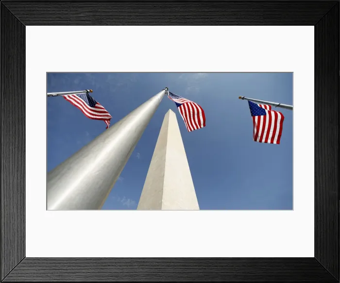 Framed Print : Flags flutter during re-opening ceremony for Washington Monument in Washington